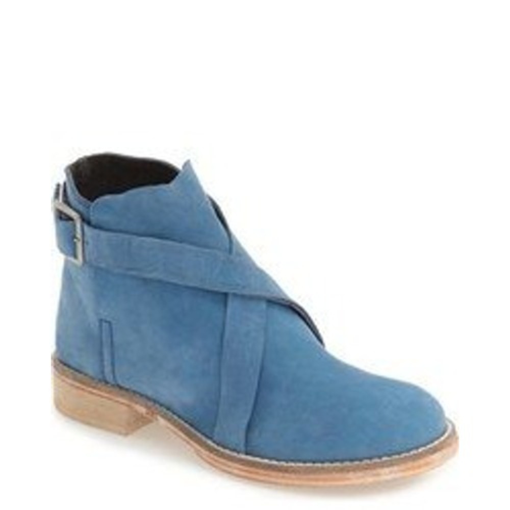 Free People Las Palmas Ankle Boots Blue Suede Leather Wrap Buckle 38 7.5 Western
